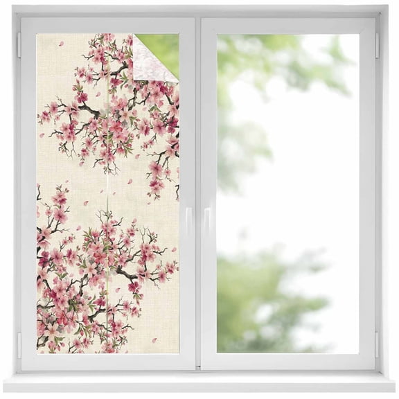 Spring Cherry Blossoms Window Privacy Film, Vintage Pink Flowers Branch Petal Linen Texture Frosted Glass Window Clings Static Cling UV Heat Blocking Reusable Sticker for Bedroom 17.7 x 39.3 Inch