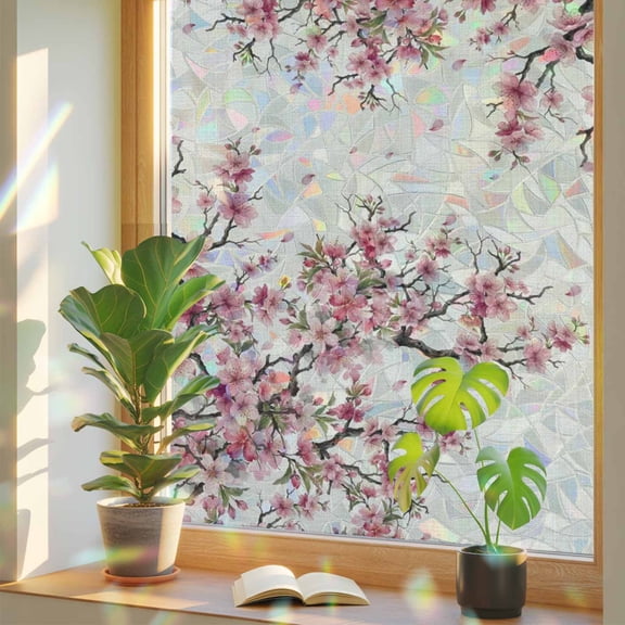 Spring Cherry Blossoms Window Privacy Film, Vintage Pink Flowers Branch Petal Linen Texture Stained Glass Rainbow Film Decorative Window Clings, Static Cling Sun Blocking Stickers 17.7" x 39.3"