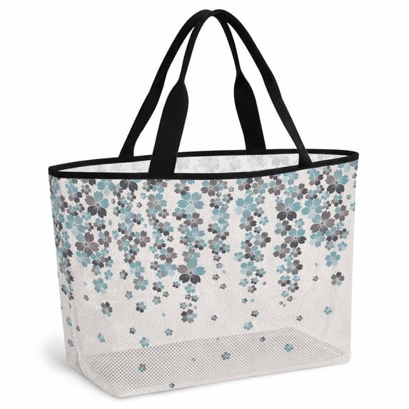 Spring Cherry Flowers Beach Bag for Women, Large Breathable Mesh Beach Tote Bag, Blue-green Gray Floral Blossom Beige Sandproof Lightweight Travel Bags for Vacation Picnic Swimming Pool