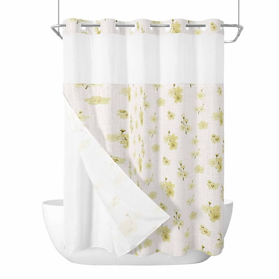Spring Cherry Flowers No Hook Shower Curtain with Snap in Liner, Waterproof Fabric Shower Curtains, Yellow Cherry Blossoms Floral Beige Shower Curtain Set Top See Through for Bathroom 72"x96"