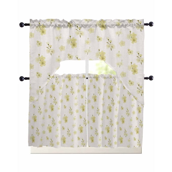 Spring Cherry Flowers Kitchen Curtains Set for Windows 3 Piece Cafe Curtains 36 Inch Length Swag Curtains Valances and Tier Set Yellow Cherry Blossoms Floral Beige Drapes for Bedroom Bathroom