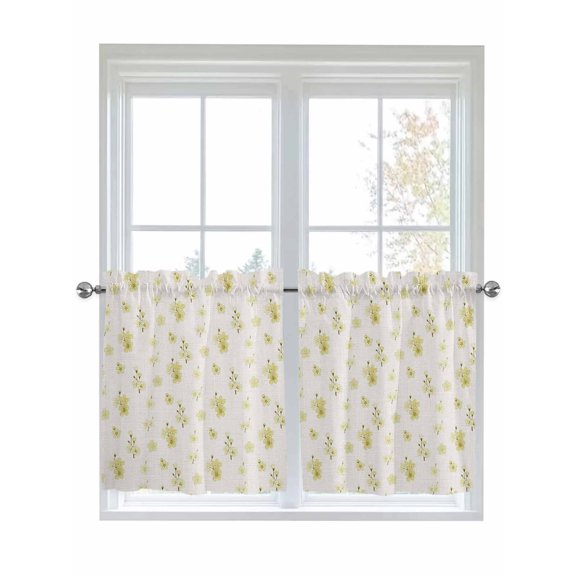 Spring Cherry Flowers Kitchen Curtains Tier 24 Inch Length, Yellow Cherry Blossoms Floral Beige Rod Pocket Light Filter Window Curtains Living Room Bedroom Curtain Drapes Cafe Curtain 27.5''x24''x2