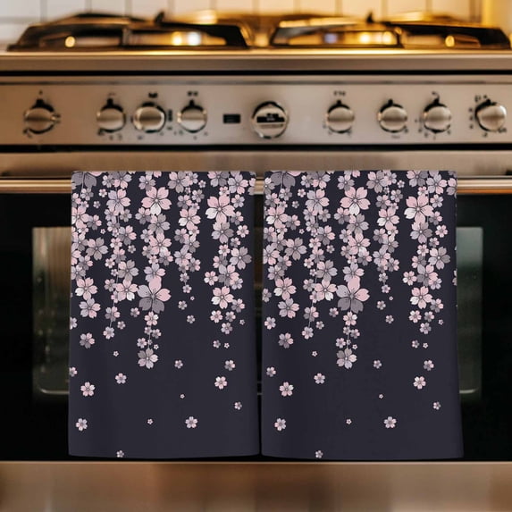 Spring Cherry Flowers Kitchen Towels Set of 2, Pink Floral Blossom Vintage Black Absorbent Dish Towels for Kitchen, Microfiber Hand Towel, Quick Drying Tea Towel for Cleaning Decorative Dishcloths