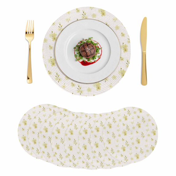 Spring Cherry Flowers Round 13 Inch Placemats Set of 8, Yellow Cherry Blossoms Floral Beige HeatResistant Non Slip Place Mats for Dining Table, Wipeable Braided Kitchen Table Mats for Housewarming