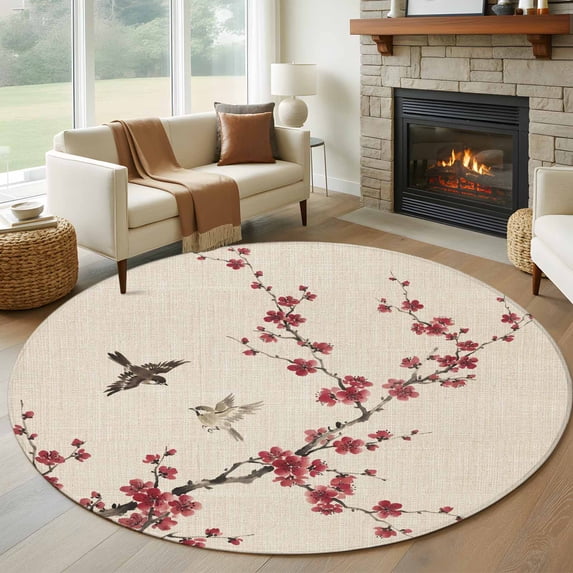 Spring Cherry Flowers Round Area Rug 8Ft Washable Large Circle Rugs for Living Room Dorm, Retro Country Floral Birds Plants Beige Non-Slip Carpet Floor Mats Indoor Outdoor Carpet Runner Home Decor