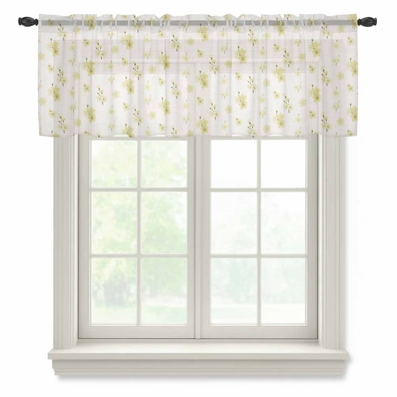 Spring Cherry Flowers Sheer Curtains Valances for Windows Yellow Cherry Blossoms Floral Beige Chiffon Kitchen Valances for Cafe, Voile Window Treatments Curtains for Living Room Bedroom, 42"x12"