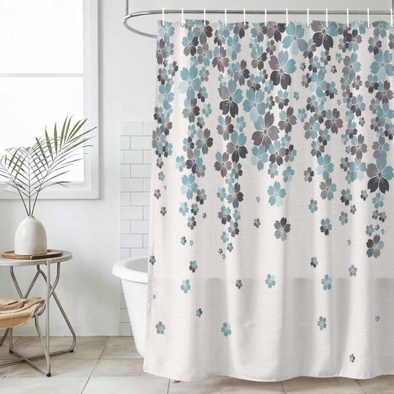 Spring Cherry Flowers Shower Curtain Set, Waterproof Shower Curtains for Bathroom, Blue-green Gray Floral Blossom Beige Washable Fabric Cloth Bath Curtain for Bathtub with Hooks 60x72 Inches