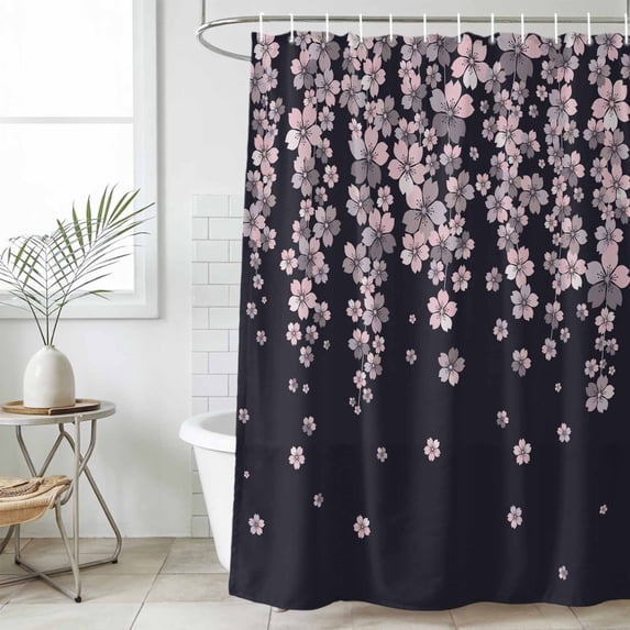 Spring Cherry Flowers Shower Curtain Set, Waterproof Shower Curtains for Bathroom, Pink Floral Blossom Vintage Black Washable Fabric Cloth Bath Curtain for Bathtub Decoration with Hooks 60x72 Inches