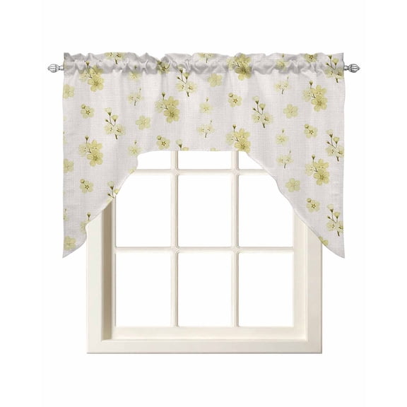 Spring Cherry Flowers Swag Curtains for Kitchen Yellow Cherry Blossoms Floral Beige Valances for Windows Rod Pocket Small Window Treatment Topper for Cafe Bedroom Bathroom Decor 56x36 Inch