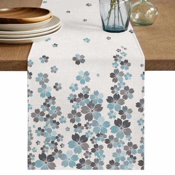 Spring Cherry Flowers Table Runner 70 Inches, Blue-green Gray Floral Blossom Beige Bed Runner Dresser Scarves Tabletop for Indoor Outdoor Parties/Ceremony/Banquet, 13" x 70"