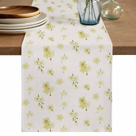 Spring Cherry Flowers Table Runner 72 Inches, Yellow Cherry Blossoms Floral Beige Bed Runner Dresser Scarves Tabletop for Indoor Outdoor Parties/Ceremony/Banquet, 16" x 72"