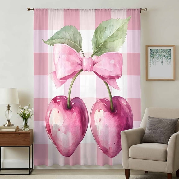 Spring Cherry Fruit Sheer Curtains 45 Inches Long, Farmhouse Buffalo Plaid Pink Bow Light Filering Curtains, Breathable Simi Curtain Privacy Drapes for Kitchen Bathroom Small Window Treatment