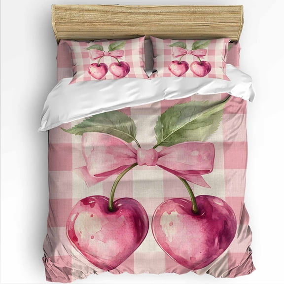 Spring Cherry King Size Comforter Set, Sweet Pink Plaid Linen Texture Soft Bedding for All Seasons, 4 Pcs Bed Set with 1Comforter (90"x106") ,1 Sheet(94"x116"), 2 Pillowcases (19"x35")