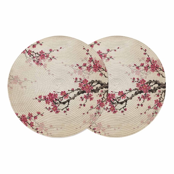 Spring Cherry Round 13 Inch Placemats Set of 2, Vintage Red Flowers Branches Ink Painting Beige HeatResistant Non Slip Place Mats for Dining Table, Wipeable Kitchen Table Mats for Housewarming