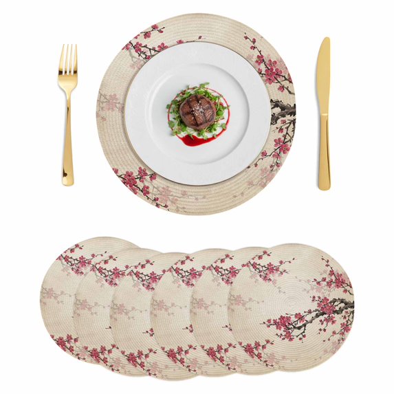 Spring Cherry Round 15 Inch Placemats Set of 6, Vintage Red Flowers Branches Ink Painting Beige HeatResistant Non Slip Place Mats for Dining Table, Wipeable Kitchen Table Mats for Housewarming
