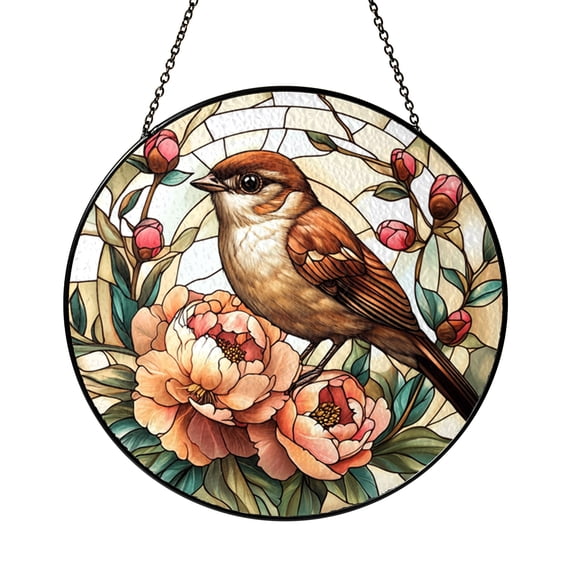 Spring Chick With Flowers Stained Glass Style Window Suncatcher Hanging Decor, Cute Bird Decorative Glass Panel Art for Seasonal Window Decor