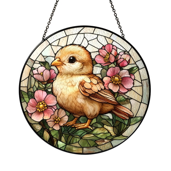 Spring Chick With Flowers Window Suncatcher Stained Glass Style Hanging Decor, Cute Bird Decorative Glass Panel Art for Seasonal Window Decor