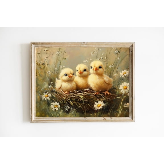 Spring Chicks Baby Chicks in Nest with WildflowersSpring Chicken Wall Decor Poster Vintage Nursery Yellow Bird Farmhouse Poster E540, Unframed Poster Size 12x18 F03.1.18l671