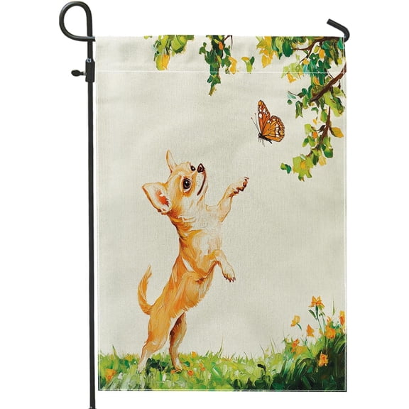 Spring Chihuahua Dog Front Yard Backyard Burlap Vertical Garden Flags 12x18 Double Sided for Outside, Funny Puppy Animal Oil Painting Small Lawn Flags, Pet Home Outdoor House Flags
