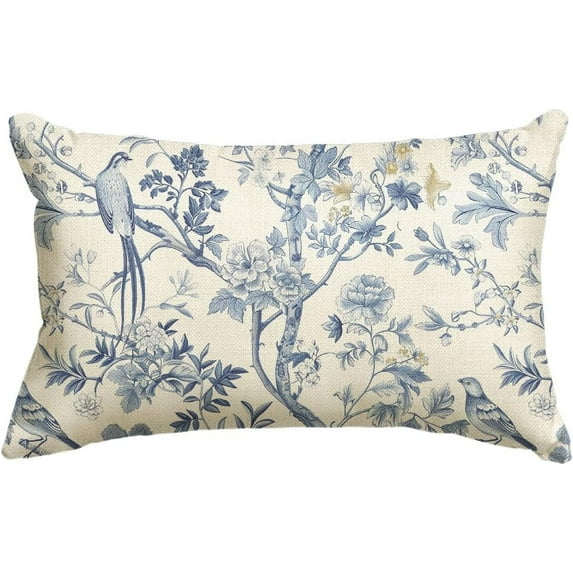 Spring Chinoiserie Trees and Birds Blue and White Throw Pillow Cover, 12 x 20 Inch Grandmillennial Cushion Case Decoration for Sofa Couch Farmhouse