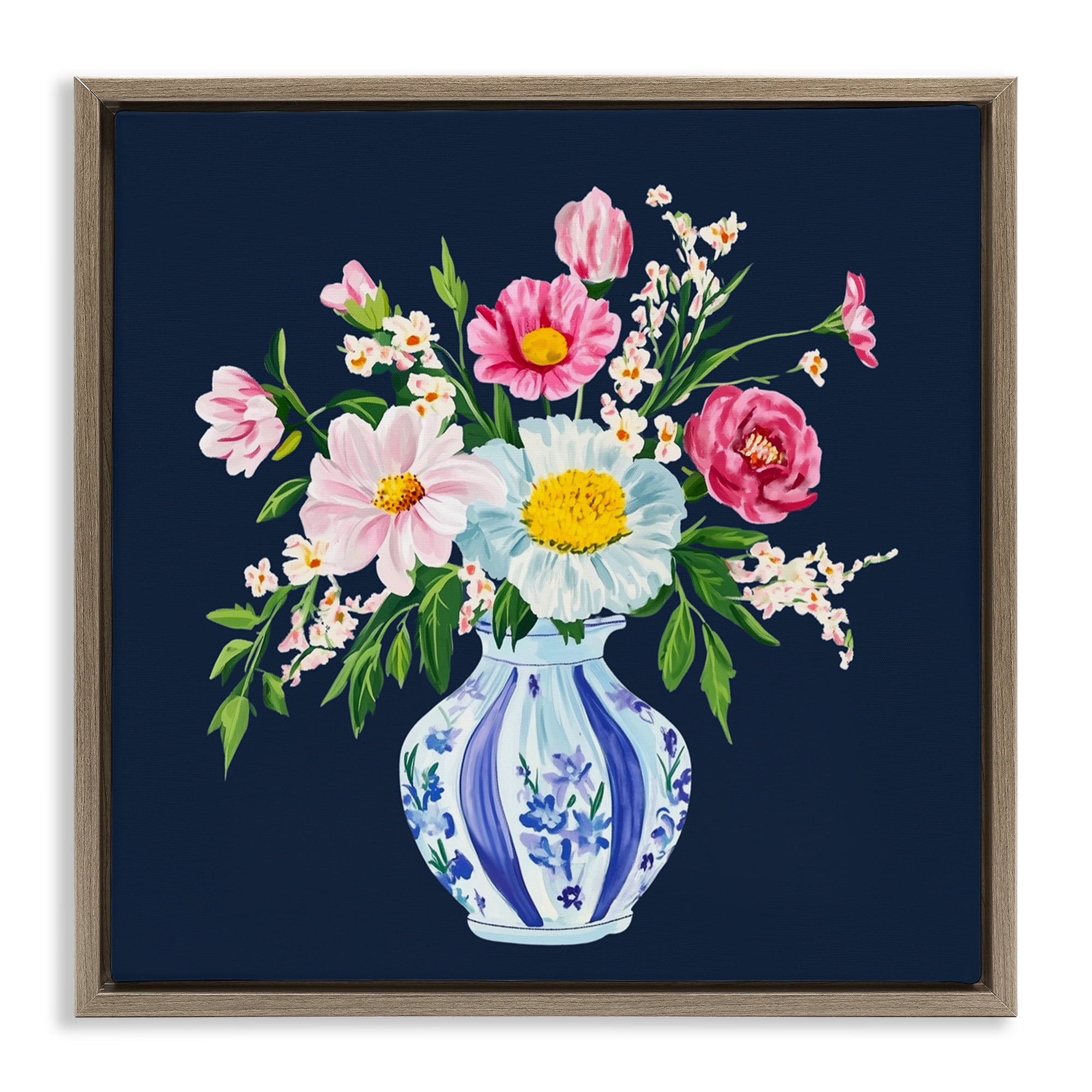 Spring Chinoiserie Vase Brown Framed Floater Canvas Wall Art, design by Yen