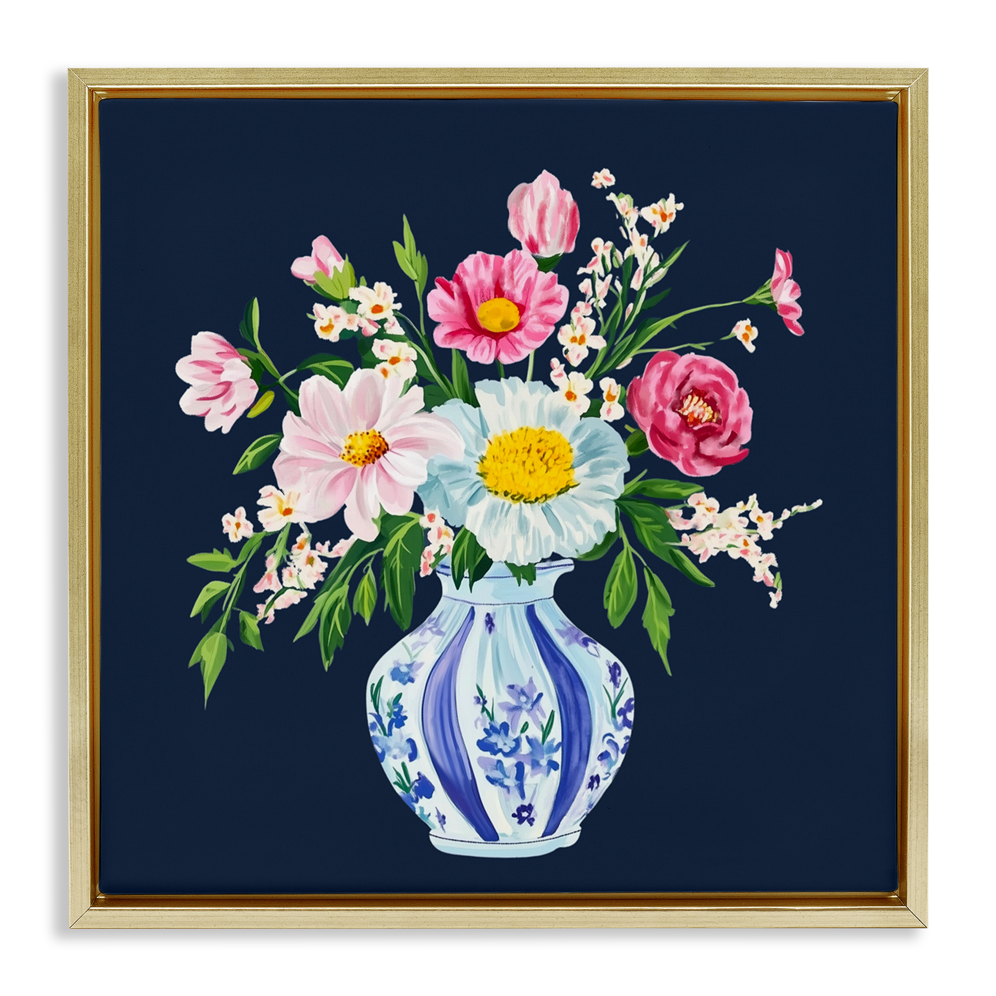 Spring Chinoiserie Vase Gold Framed Floater Canvas Wall Art, design by Yen