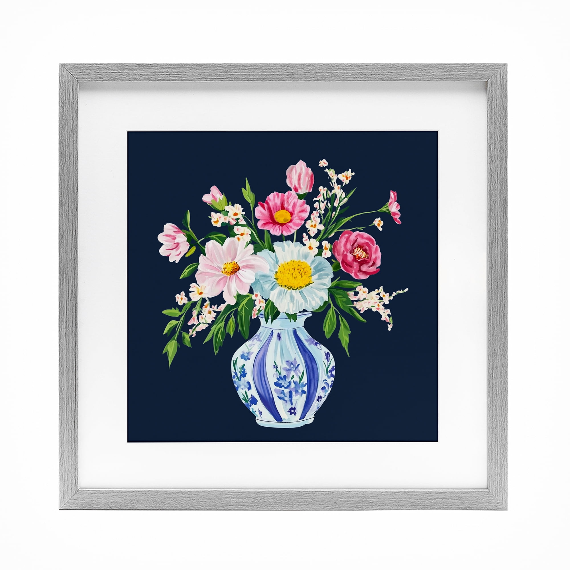 Spring Chinoiserie Vase Gray Framed Print Under Glass, design by Yen