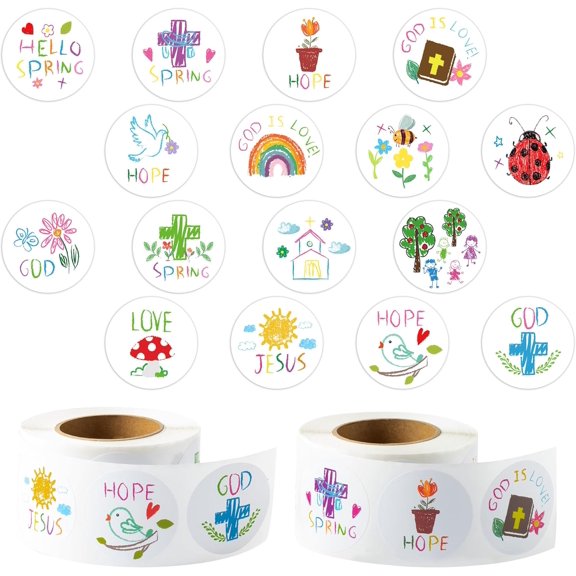 Spring Christian Religious Stickers - 1000pcs Spring Christian Religious Sticker Rolls Crayons Drawing Cartoon Religious Sticker Cute Jesus God is Love Hello Spring Sticker Kids School VBS