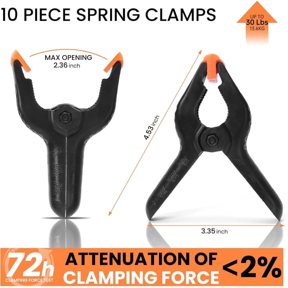 Spring Clamps Heavy Duty 4.5 Inch 10 Pack - Plastic Rust Proof Clamps with Non-Slip Pads for Backdrop, Crafts, Woodworking, Photography | Multipurpose Holders for Tarps, Pool Covers & Gluing