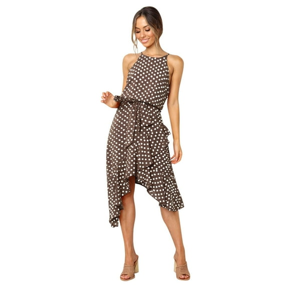 Spring Clearance 2024 Olyvenn Trendy Girls Tunic Polka Dot Beach Dress Short Sleeve Boat Neck Dress Summer Fashion Polka Lace Irregular 3-Color Women Dress Coffee XL