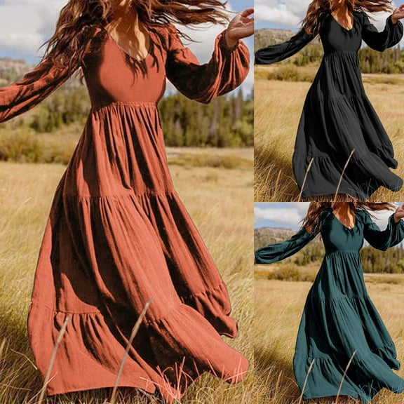 Spring Trendy Olyvenn Trendy Ladies Art Retro Boho Long Dress Lantern Sleeve Long Sleeve Prom Dress Crew Neck Vintage Solid Sundress Vacation Loose Fit Flowy Swing Smocked Orange 12