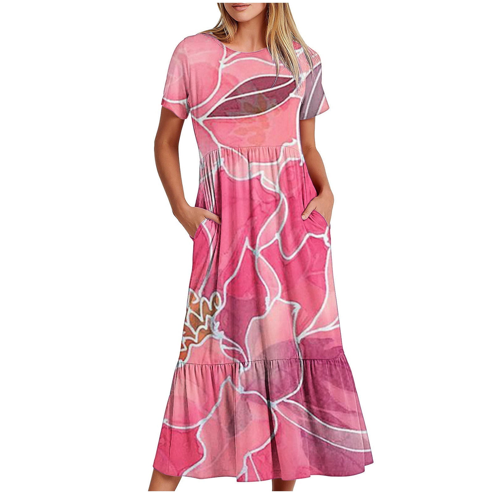 Spring Clearance Dresses for Women Bohemian Short Sleeve Dress Casual Print Beach Dress Knee