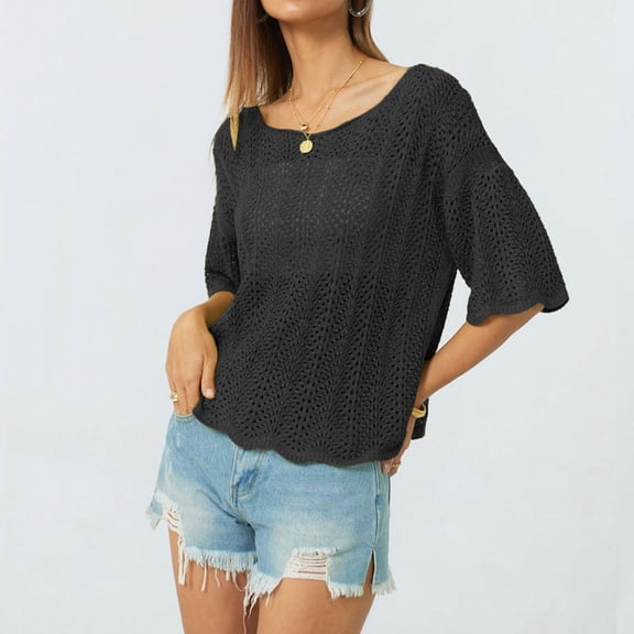 Ndbuld Womens Casual Tops Crewneck Short Sleeve Blouses Women Casual Summer Scoop Neck Short Sleeve Sweater Casual Crochet Hollow Out Knit Tunic Tops Blouse,Black,L