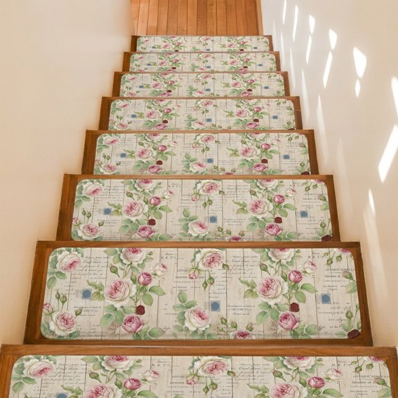 Spring Climbing Roses Non-Slip Stair Treads for Wooden Steps, 15 Pack 8x30 Inches Carpet Stair Mats with Adhesive Backing, Noise-Reducing Step Covers for Indoor Stairs, Easy to Install & Residue-Free