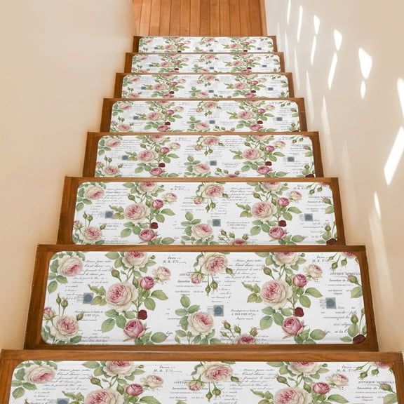 Spring Climbing Roses Non-Slip Stair Treads for Wooden Steps, 15 Pack 8x30 Inches Carpet Stair Mats with Adhesive Backing, Noise-Reducing Step Covers for Indoor Stairs, Easy to Install & Residue-Free