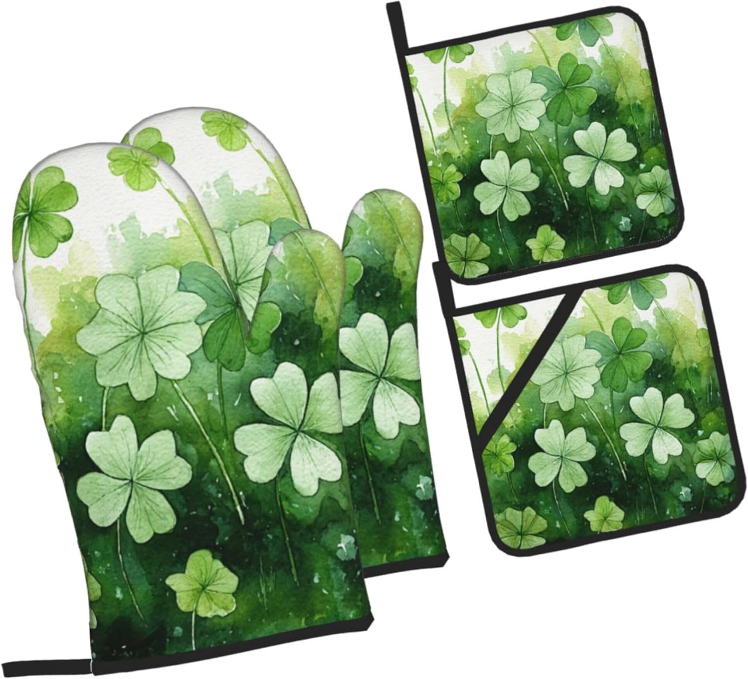 Spring Clovers St Patricks Day Oven Mitts and Pot Holders Sets Lucky Shamrock Kitchen Mittens Heat Resistant Cooking Oven Gloves Non-Slip Hot Pads for Baking Hot Pans Decor