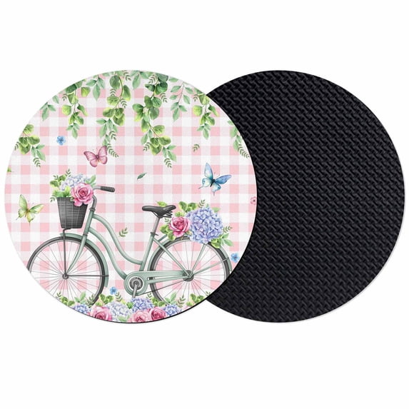Spring Coasters Set of 2, Absorbent Coasters for Drinks, Bicycles Leaves Butterfly Flowers Pink Buffalo Plaid Coaster for Desk Coffee Table Protection, Home Decor House Warming Gifts 4"