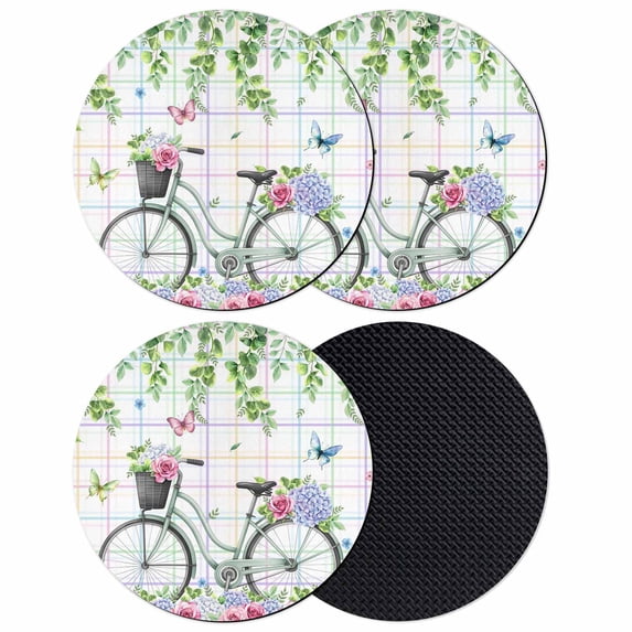 Spring Coasters Set of 4, Absorbent Coasters for Drinks, Bicycles Botanical Leaves Rose Colorful Stripes Coaster for Desk Coffee Table Protection, Home Decor House Warming Gifts 4"