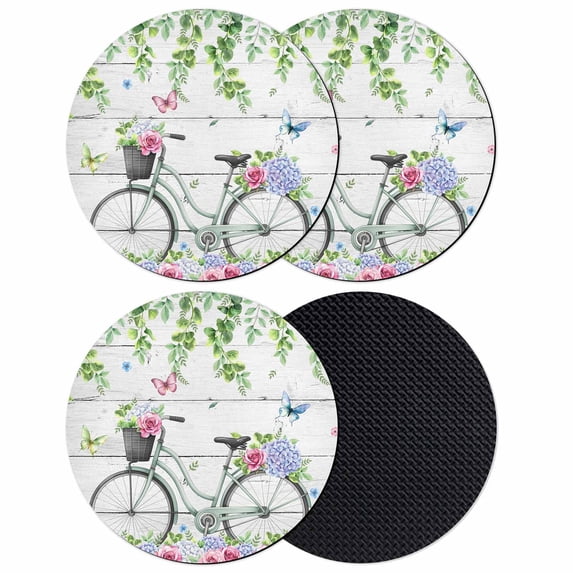 Spring Coasters Set of 4, Absorbent Coasters for Drinks, Bicycles Botanical Rose Leaves Butterfly Wood Grain Coaster for Desk Coffee Table Protection, Home Decor House Warming Gifts 4"
