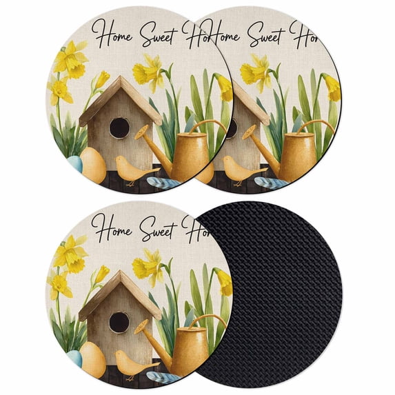 Spring Coasters Set of 4, Absorbent Coasters for Drinks, Farmhouse Birds Cages Eggs Botanical Flowers Coaster for Desk Coffee Table Protection, Home Decor House Warming Gifts 4"
