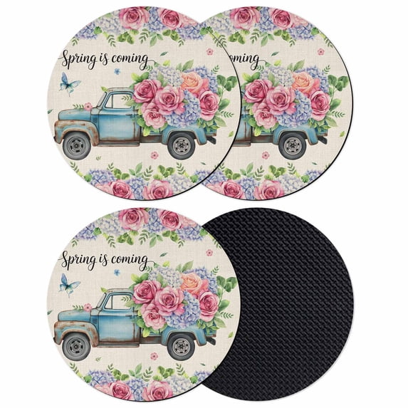 Spring Coasters Set of 4, Absorbent Coasters for Drinks, Farmhouse Retro Truck Botanical Rose Butterfly Coaster for Desk Coffee Table Protection, Home Decor House Warming Gifts 4"