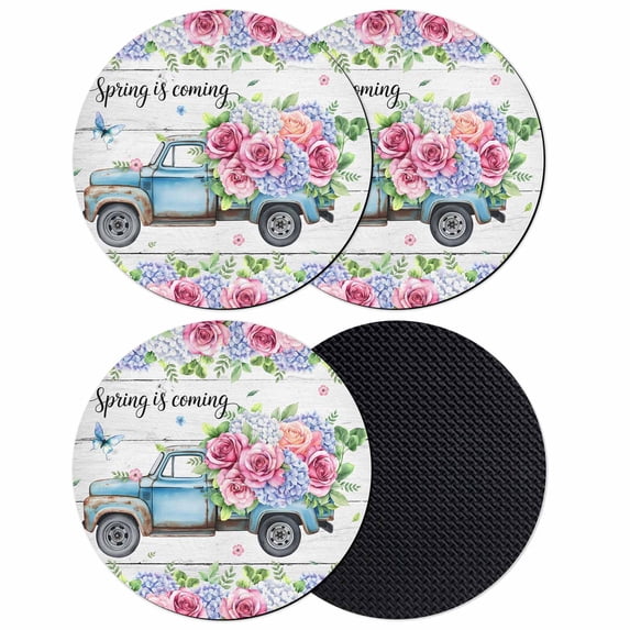 Spring Coasters Set of 4, Absorbent Coasters for Drinks, Truck Botanical Floral Leaf Butterfly Wooden Grain Coaster for Desk Coffee Table Protection, Home Decor House Warming Gifts 4"