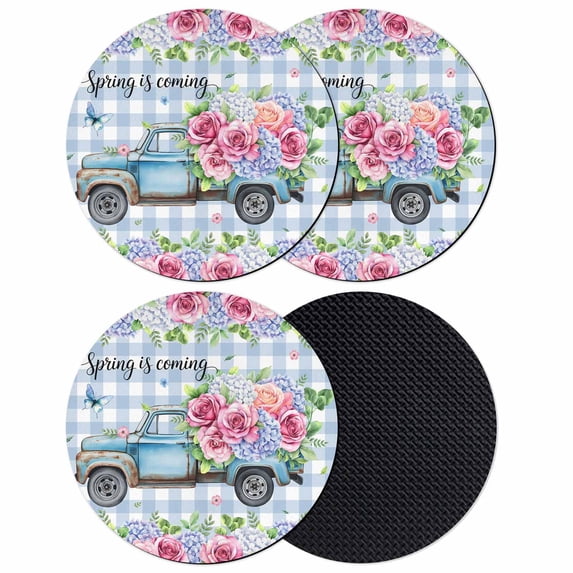 Spring Coasters Set of 4, Absorbent Coasters for Drinks, Truck Botanical Rose Leaves Blue White Plaid Coaster for Desk Coffee Table Protection, Home Decor House Warming Gifts 4"