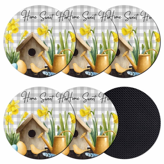 Spring Coasters Set of 6, Absorbent Coasters for Drinks, Country House Eggs Birds Botanical Floral Plaid Coaster for Desk Coffee Table Protection, Home Decor House Warming Gifts 4"