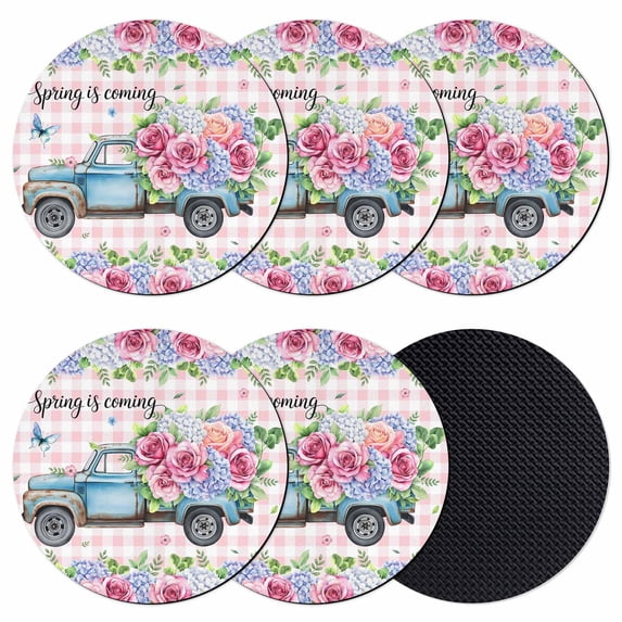 Spring Coasters Set of 6, Absorbent Coasters for Drinks, Truck Botanical Rose Leaves Butterfly Pink Lattice Coaster for Desk Coffee Table Protection, Home Decor House Warming Gifts 4"