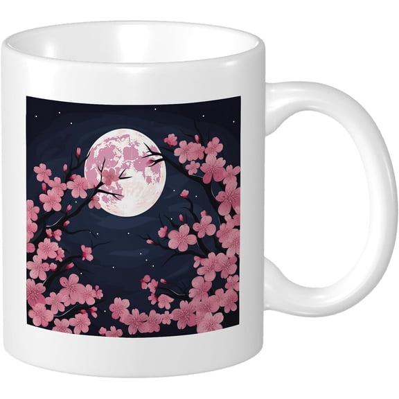 Spring Coffee Mug Gift Birthday Moon Night Cherry Blossom Japanese Pretty Scenery Pink And Black Ceramic Unspillable Reusable Tea Steeping Outdoor Camping Gym Decorative Mug With Handles 11 Ounce