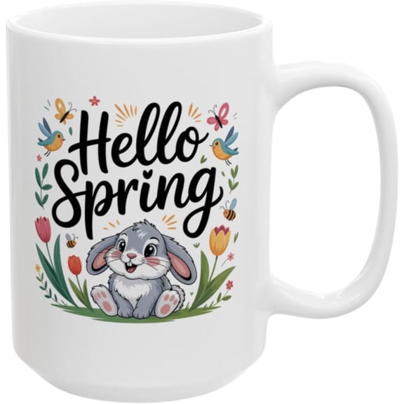 Spring Coffee Mug with Bunny and Butterflies Design, White Ceramic 15 oz Mug, Easter and Seasonal Drinkware