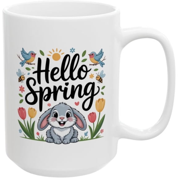 Spring Coffee Mug with Bunny and Garden Birds Design, White Ceramic 15 oz Mug, Easter and Seasonal Drinkware