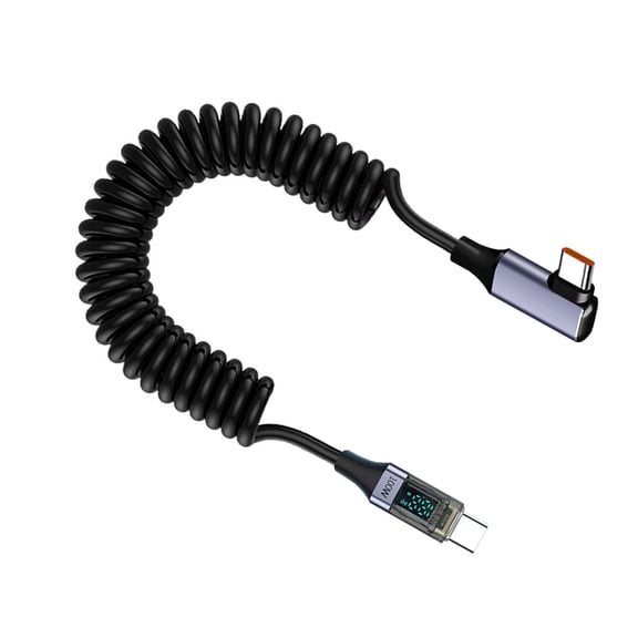 Spring Coiled USB C Data Cable Charging Cord Support PD100W Quick Charging with Digital Display Stretchable 35cm~180cm
