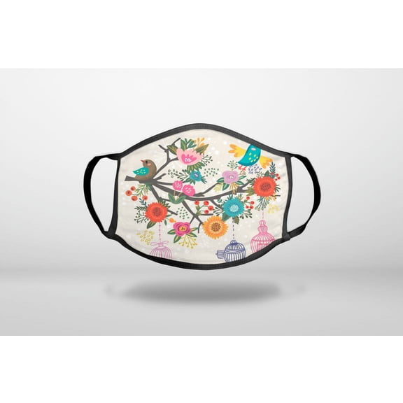 Spring Collection - Floral Birds Teal Red - 3-Ply Reusable Soft Cloth Face Covering, Unisex, Cotton Inner Layer